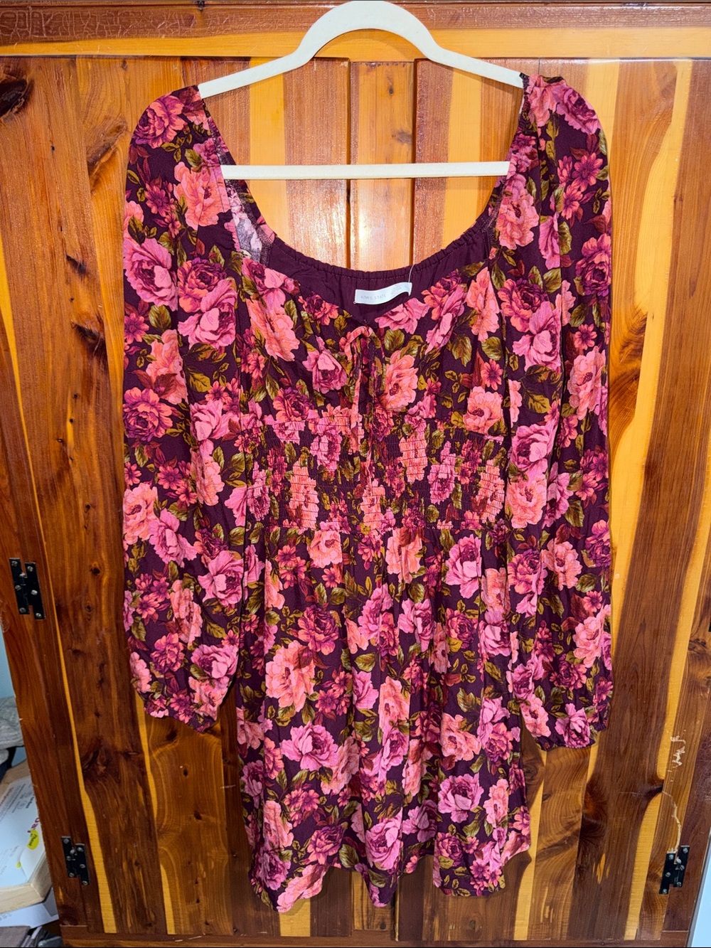 Altar'd State Burgundy Long Sleeve Floral Peasant Dress with Pink Roses